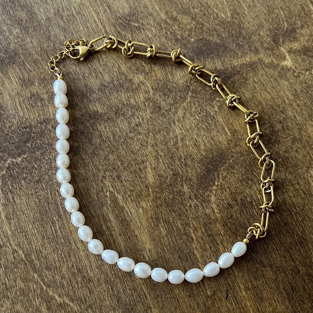 Duality Gold Plated and Pearl Clavicle Length Necklace